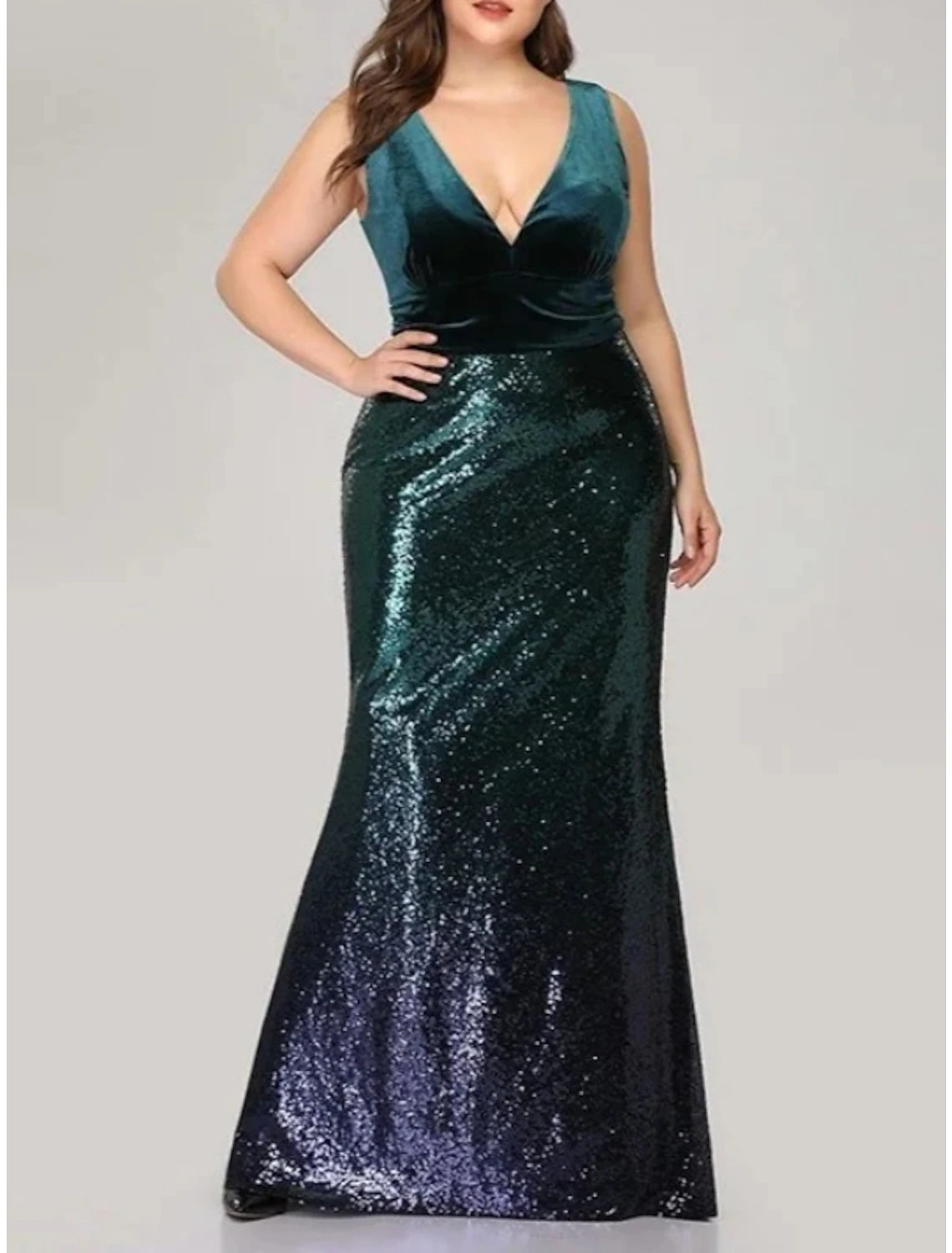 Back view of the sparkling floor-length mermaid gown.