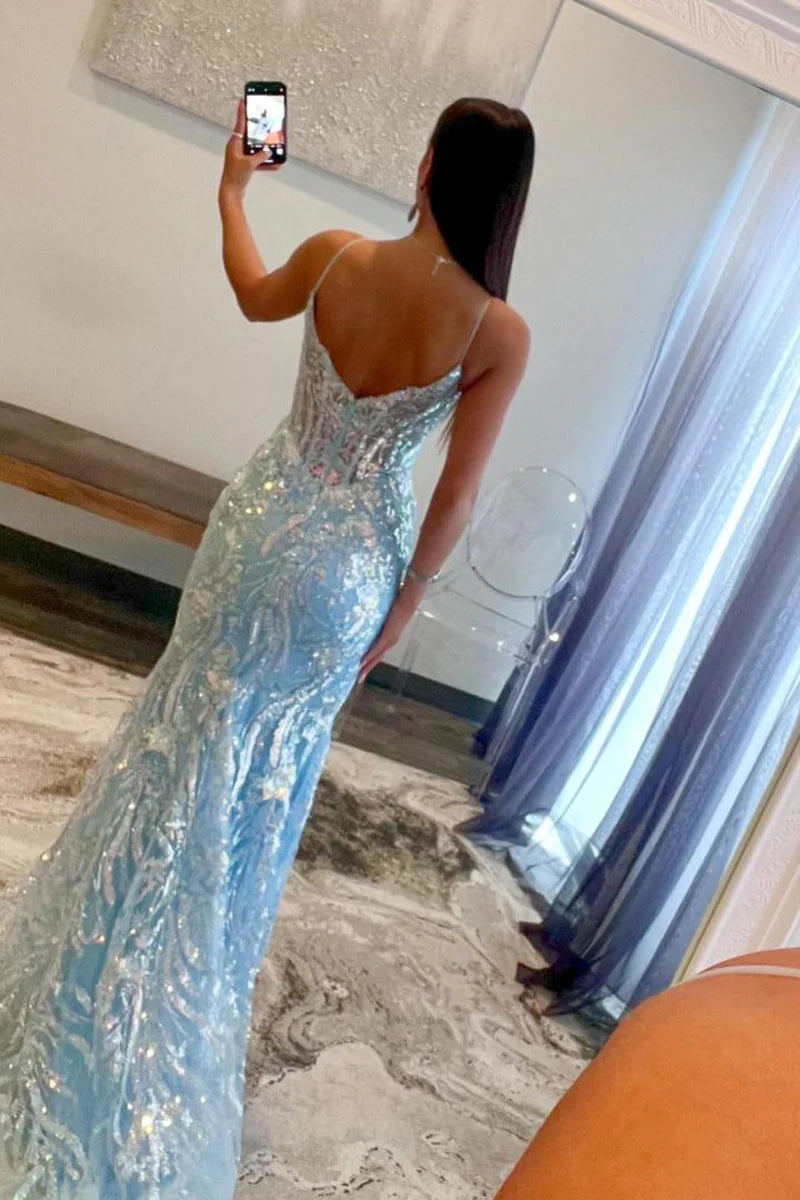 Back view of a shimmering mermaid V-neck sequin long dress.