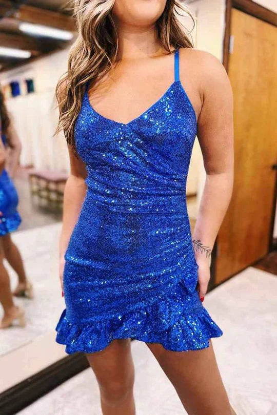 Close-up of the sequin and ruffle details on the short homecoming dress.