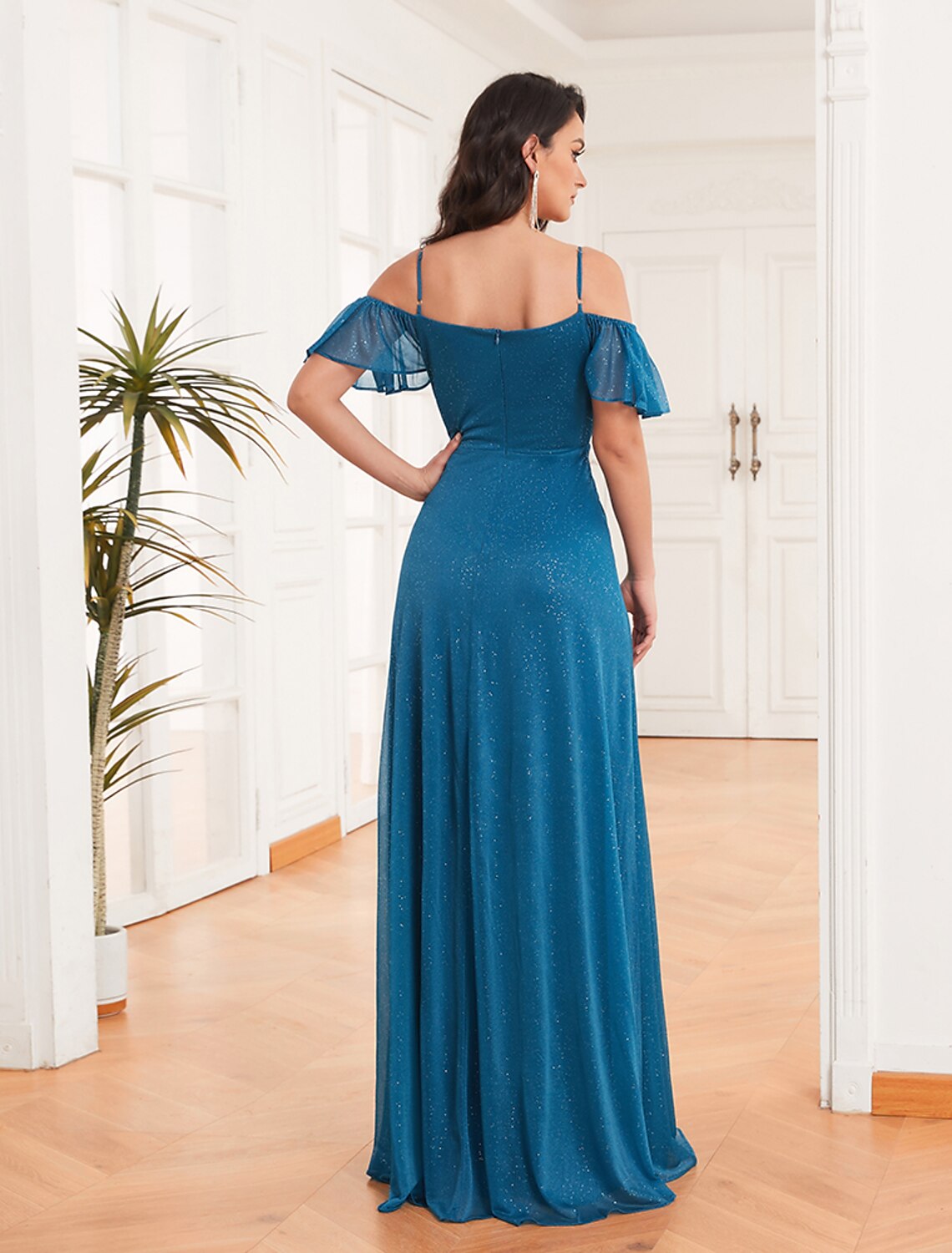 Full length view of the plus size off-shoulder A-line dress.