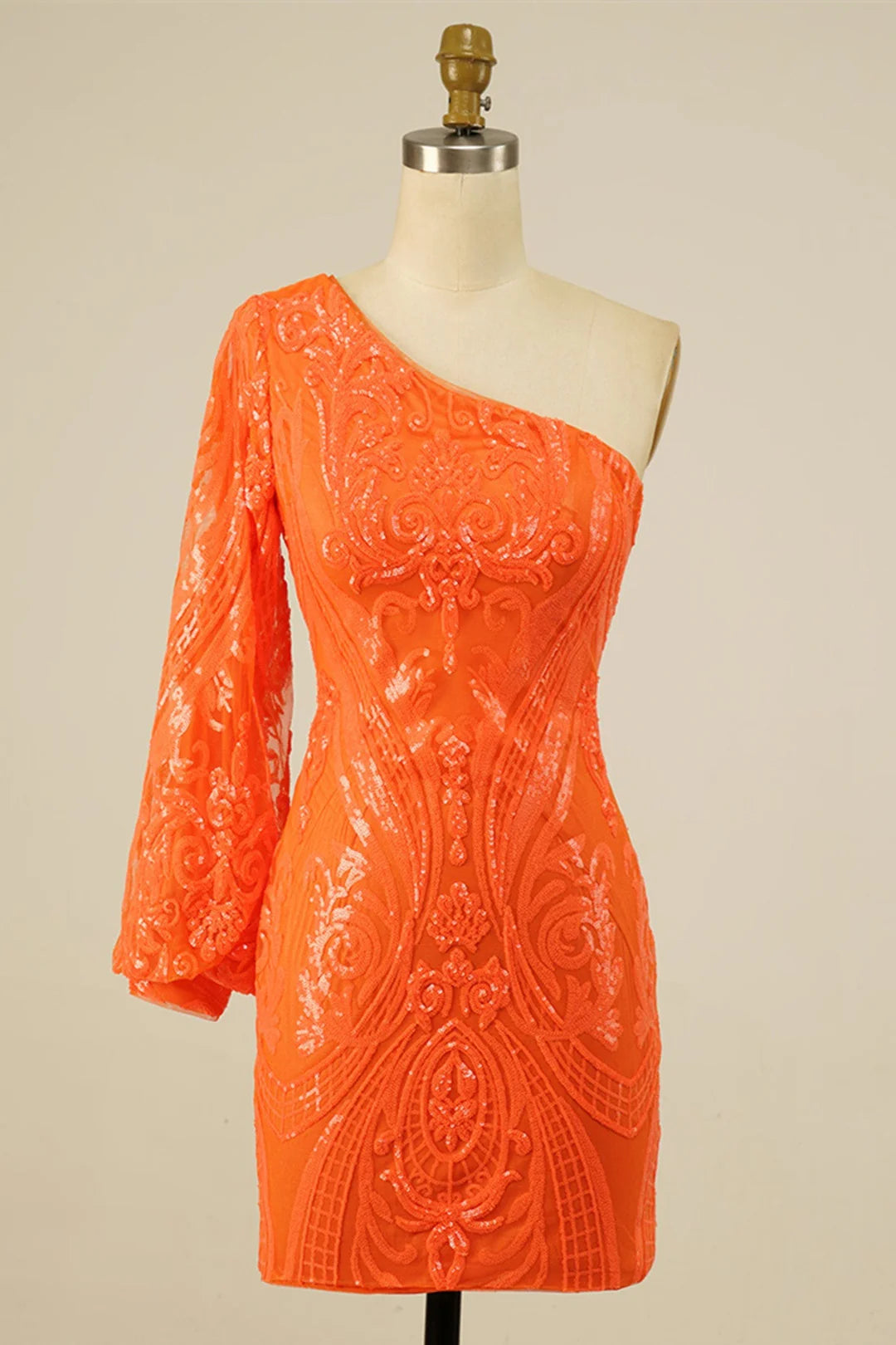 Sparkling one-shoulder long sleeve sequined A-line homecoming dress.