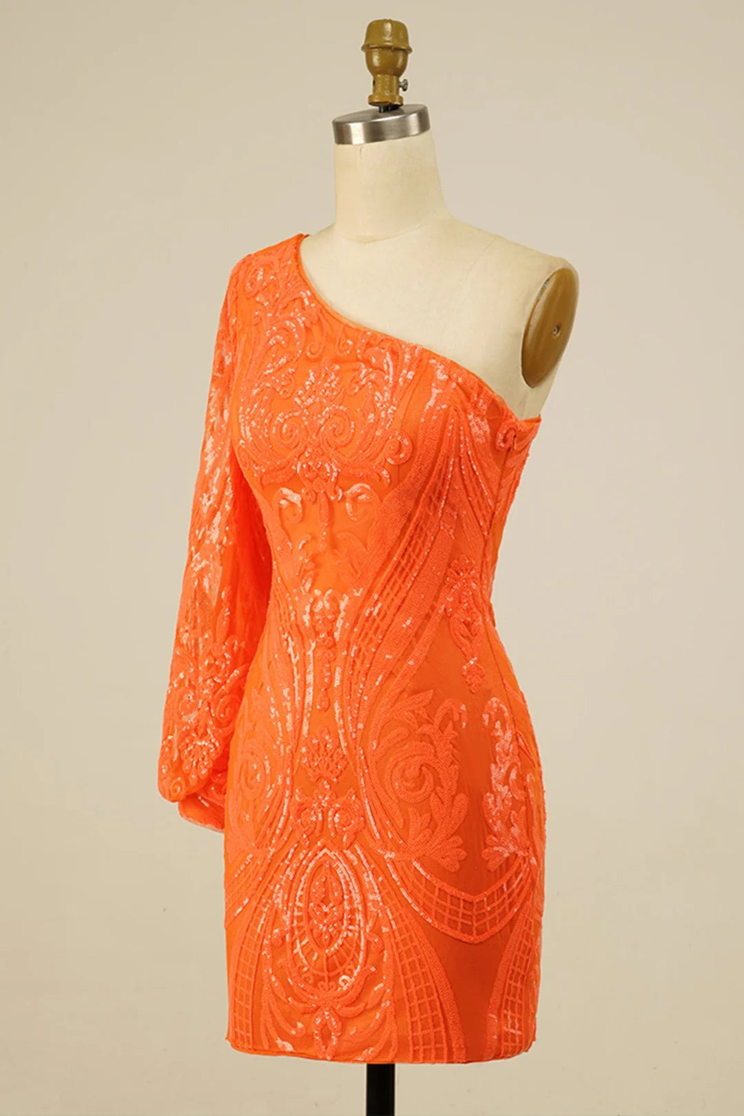 Model wearing the one-shoulder embroidered formal gown.