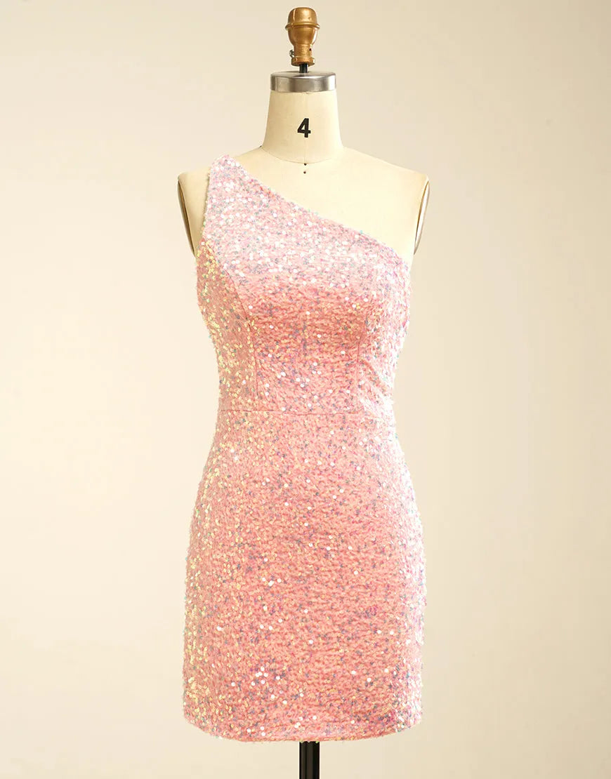 Rose pink one-shoulder homecoming dress with sparkling sequins.
