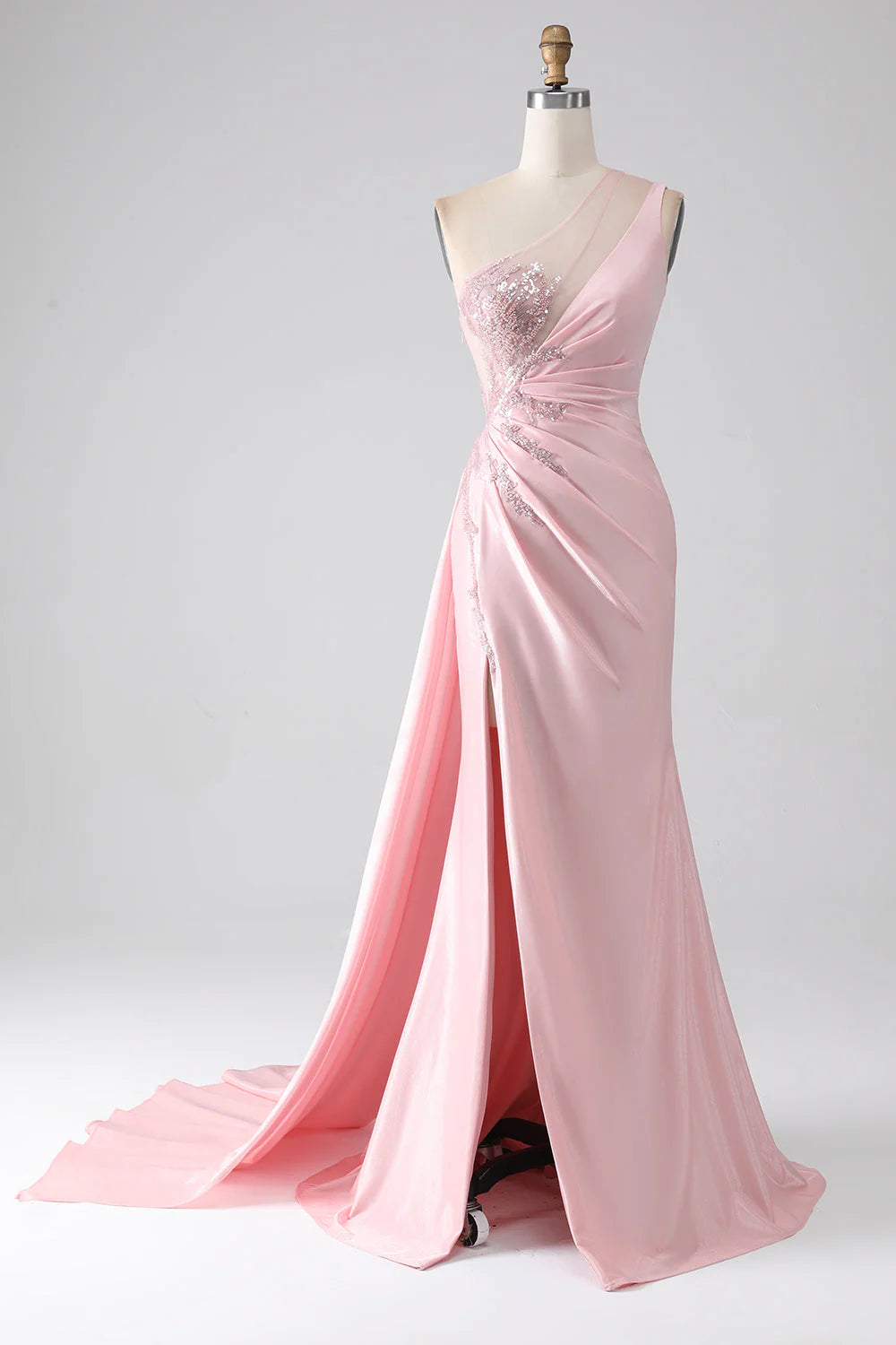 Pink mermaid one-shoulder prom dress with sequins and a high slit.