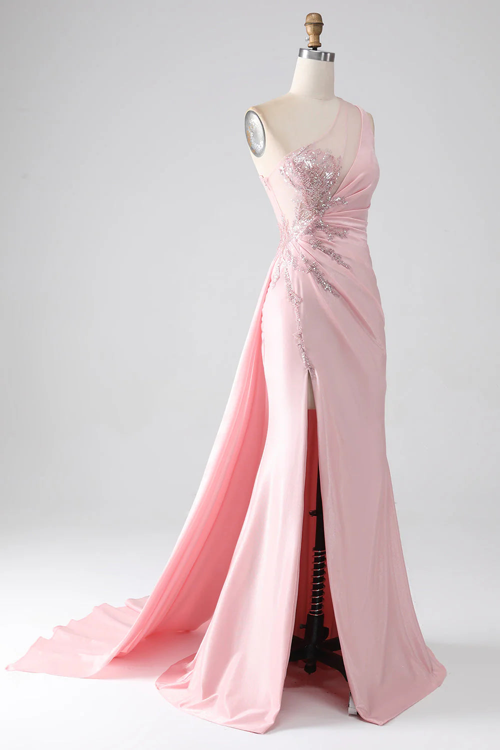 Elegant pink one-shoulder mermaid gown with sparkling appliques.