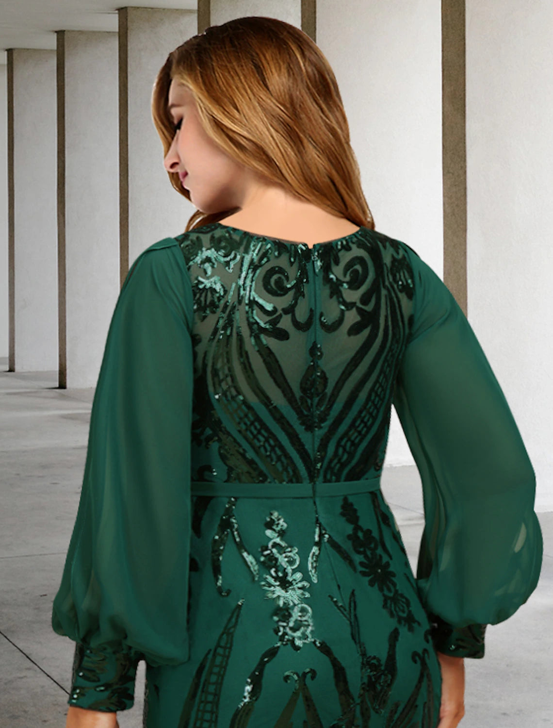 Close-up of sparkling sequin details on the dress.