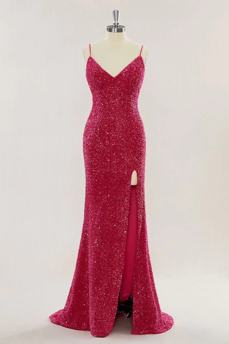 Elegant red sequin mermaid evening dress with a V-neck and high slit.
