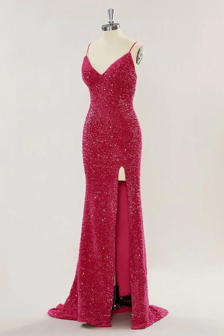 Sparkling red sequin prom dress featuring a mermaid silhouette and side slit.