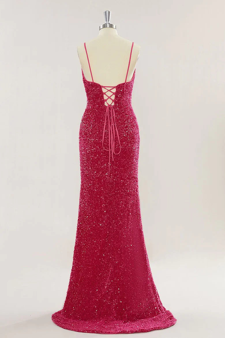 Full view of a dazzling red sequin formal gown with a V-neckline.