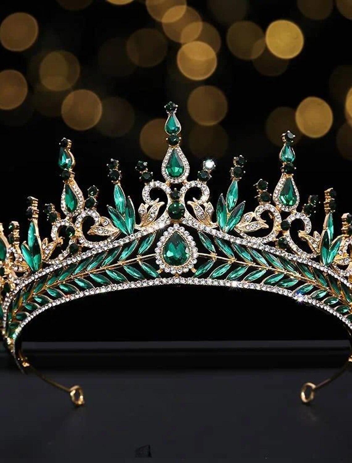 Close-up of rhinestone details on bridal tiara.