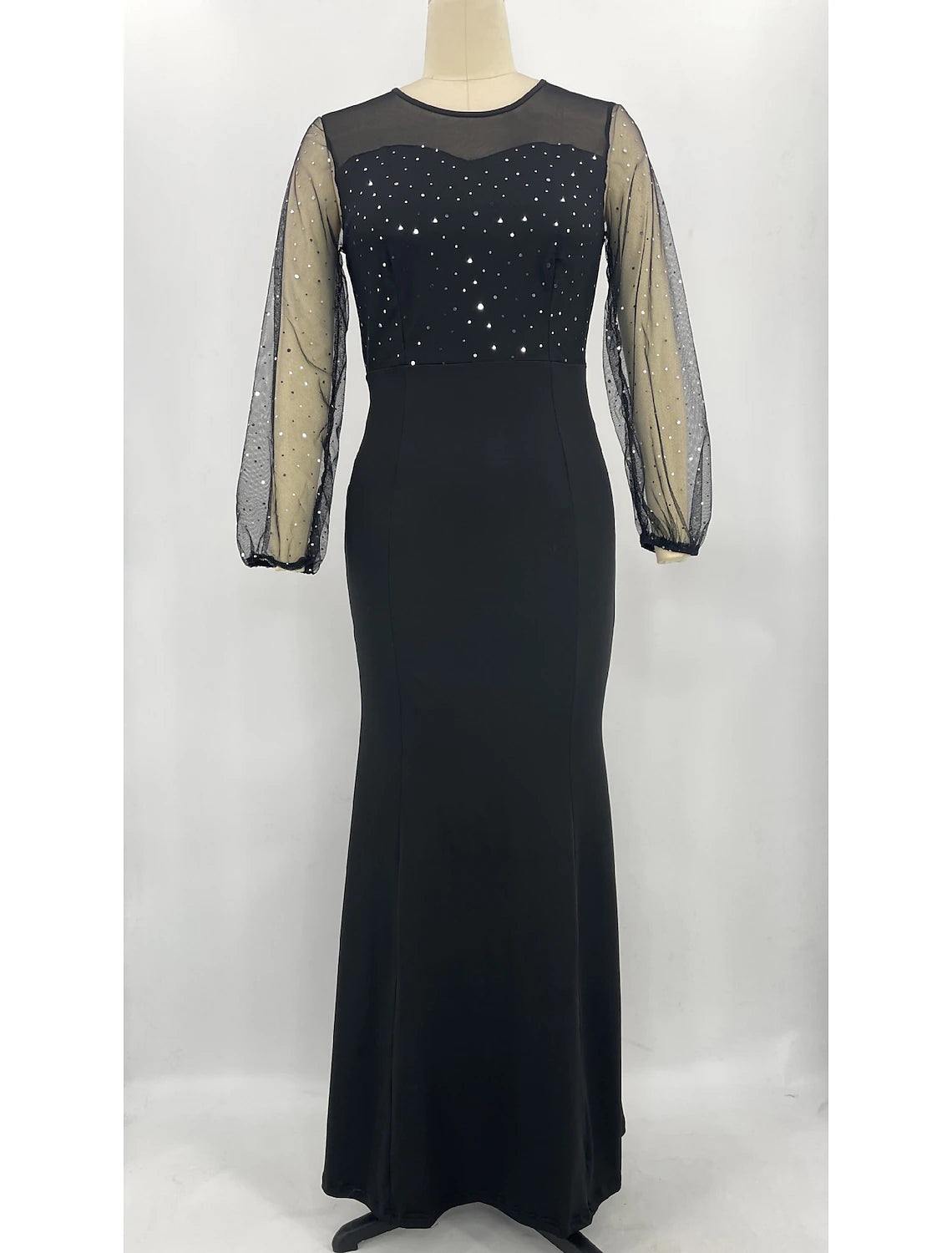 Full view of sparkling rhinestone mermaid trumpet party dress.