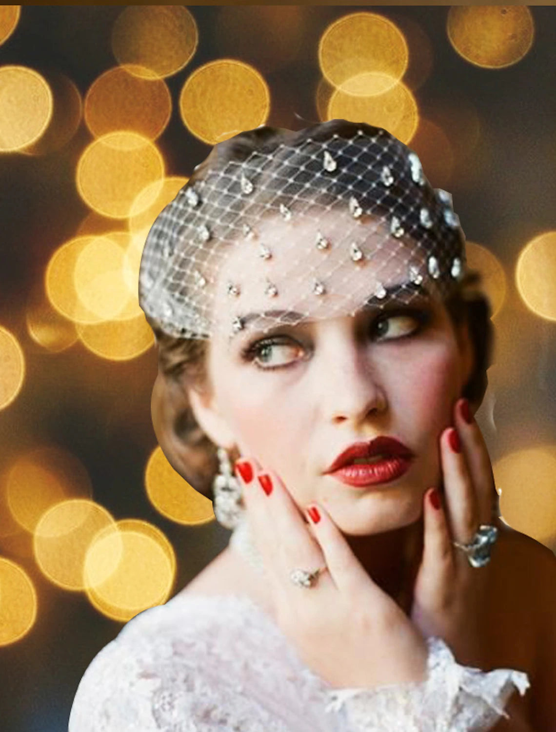 Close-up of the glitter tulle and rhinestone details on a bridal veil.