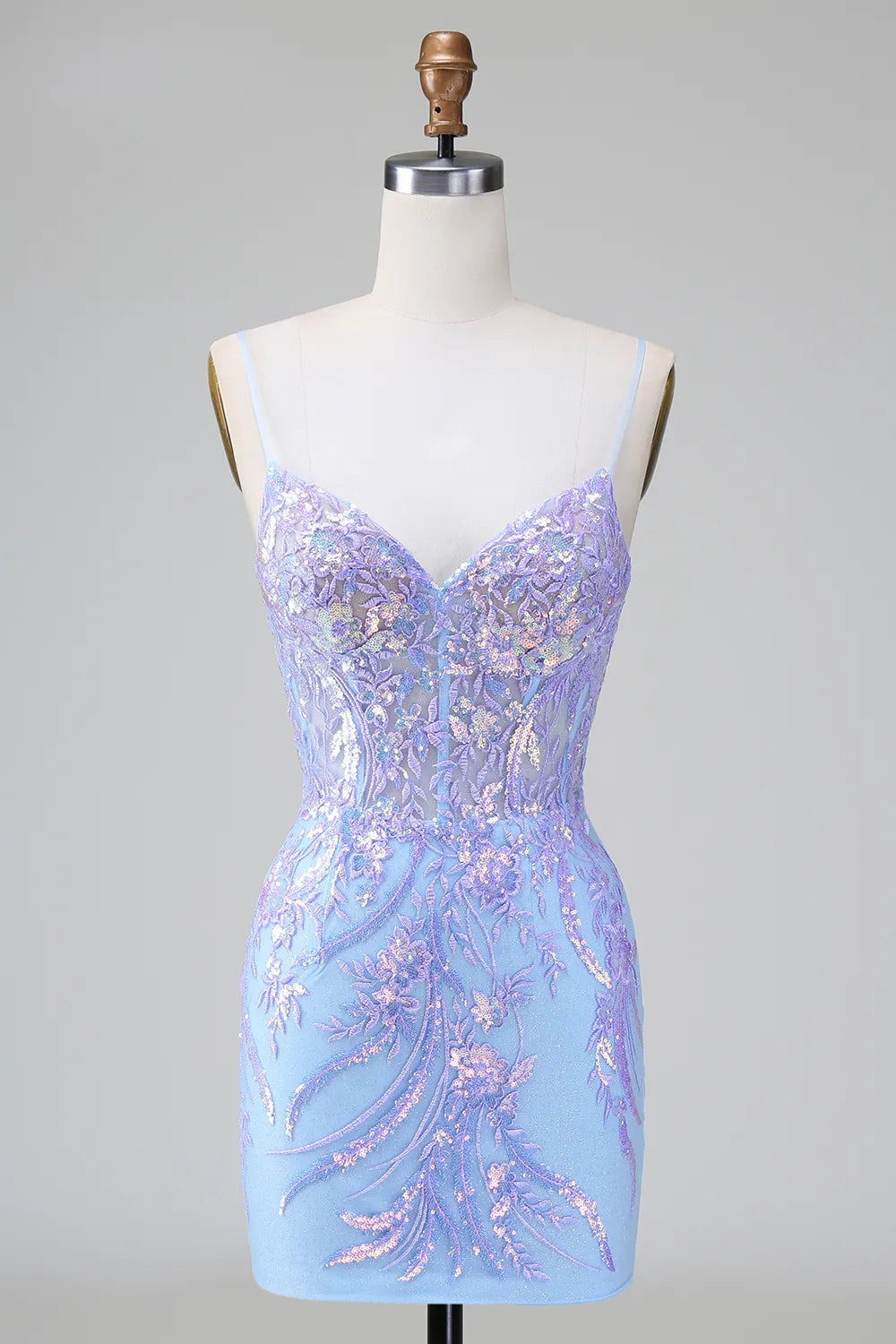 Lilac-blue sequin bodycon short homecoming dress with spaghetti straps.