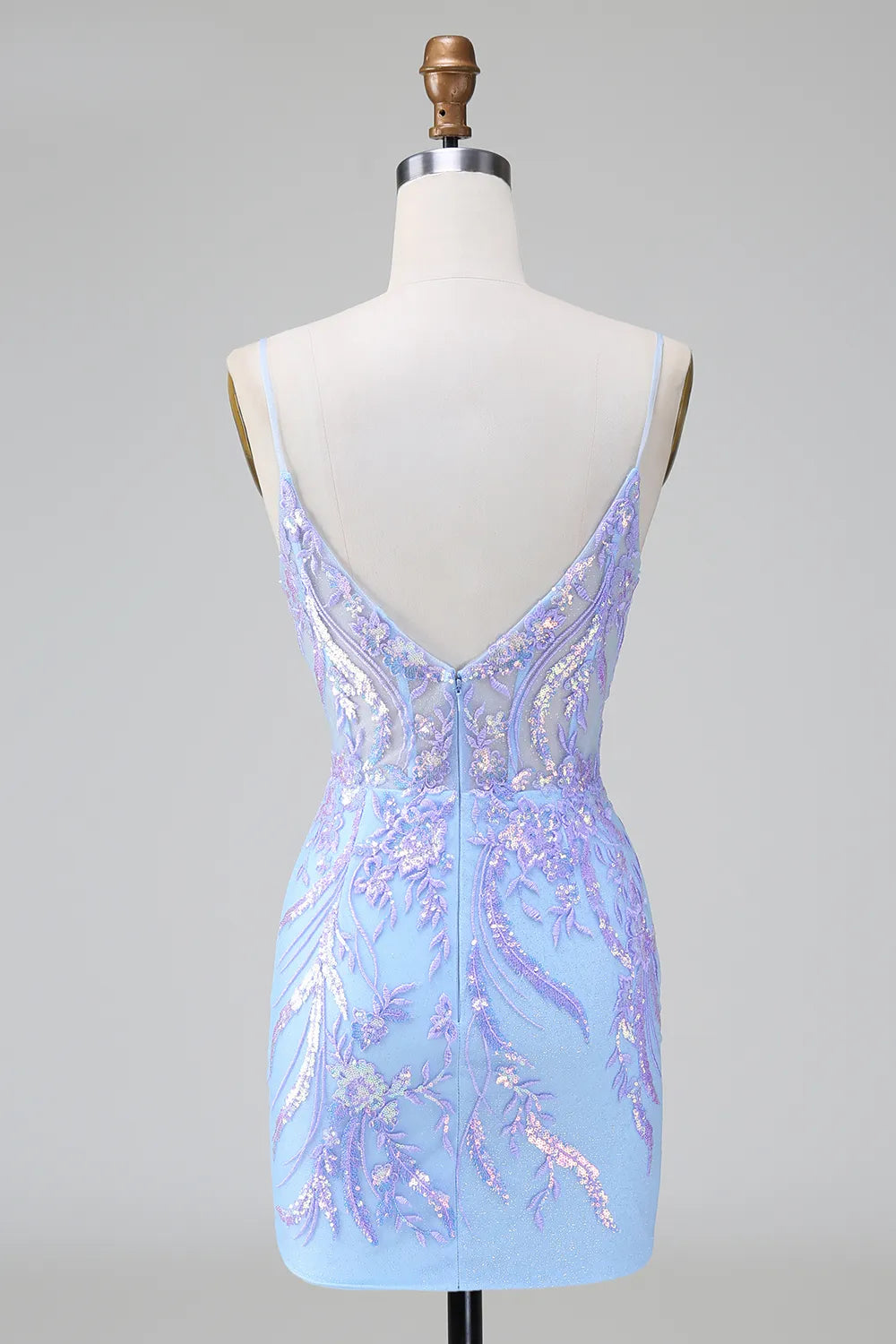Lilac-blue sequin bodycon dress, back view.