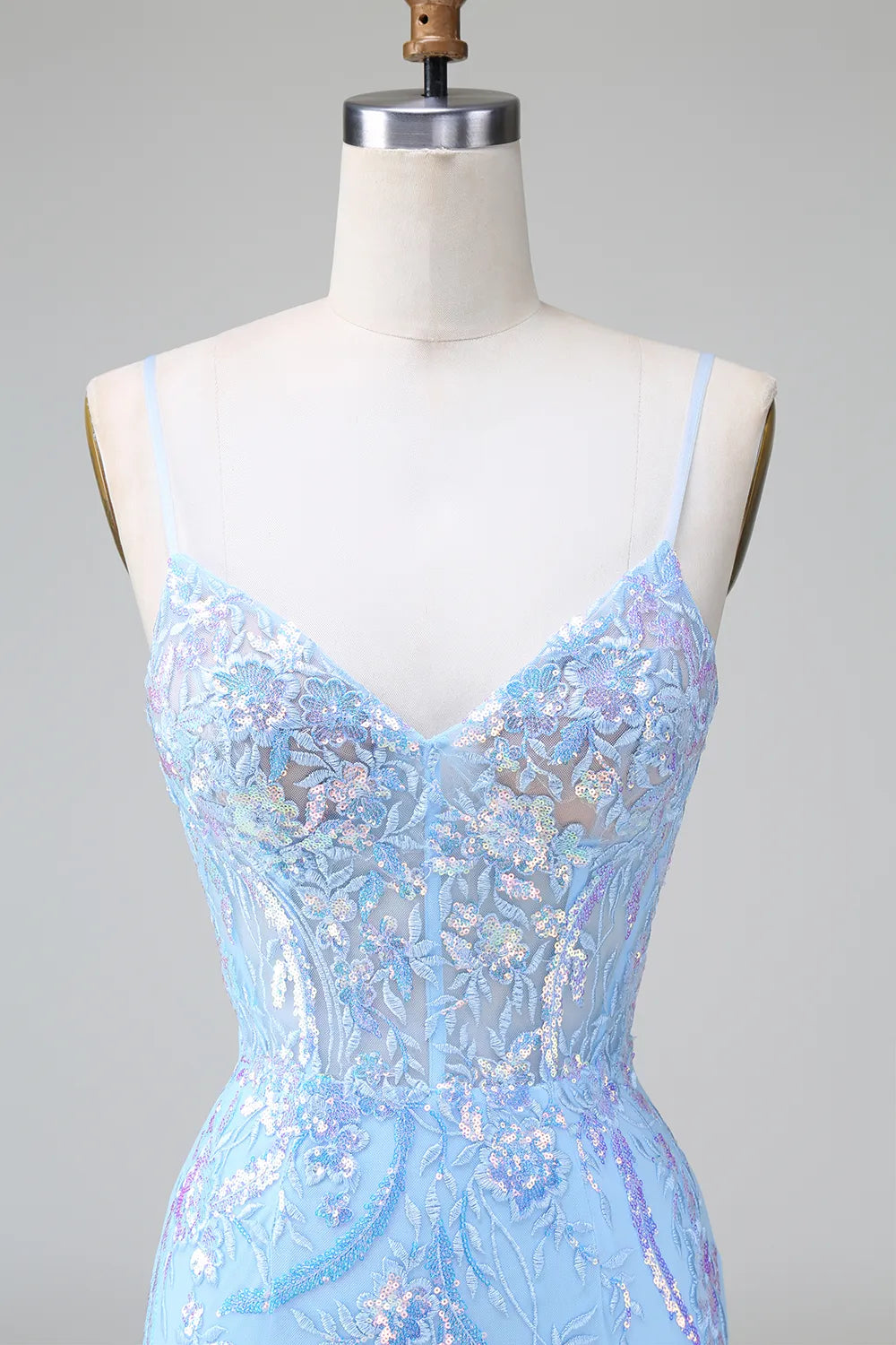 Blue sequin bodycon dress, front view.