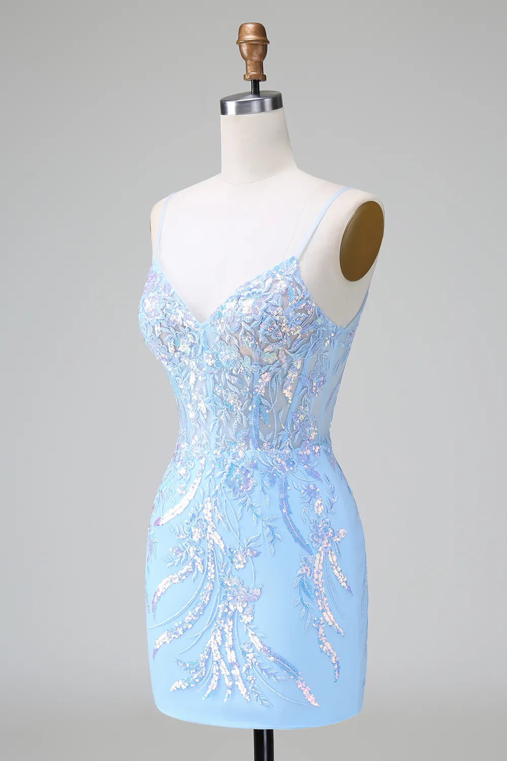 Blue sequin bodycon dress, detailed view of V-neck and straps.