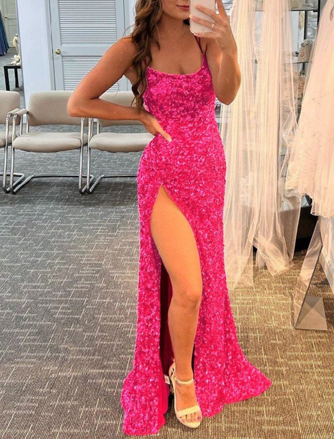 Side profile of the sequin mermaid dress, emphasizing the trumpet silhouette.