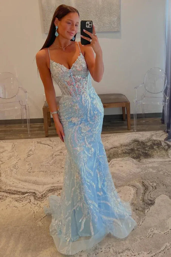 Close-up of the sequin details and corset bodice on the prom dress.