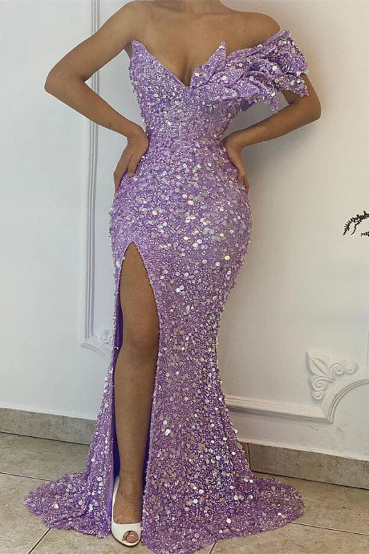 Mermaid V-neck prom dress with sparkling sequin detailing.