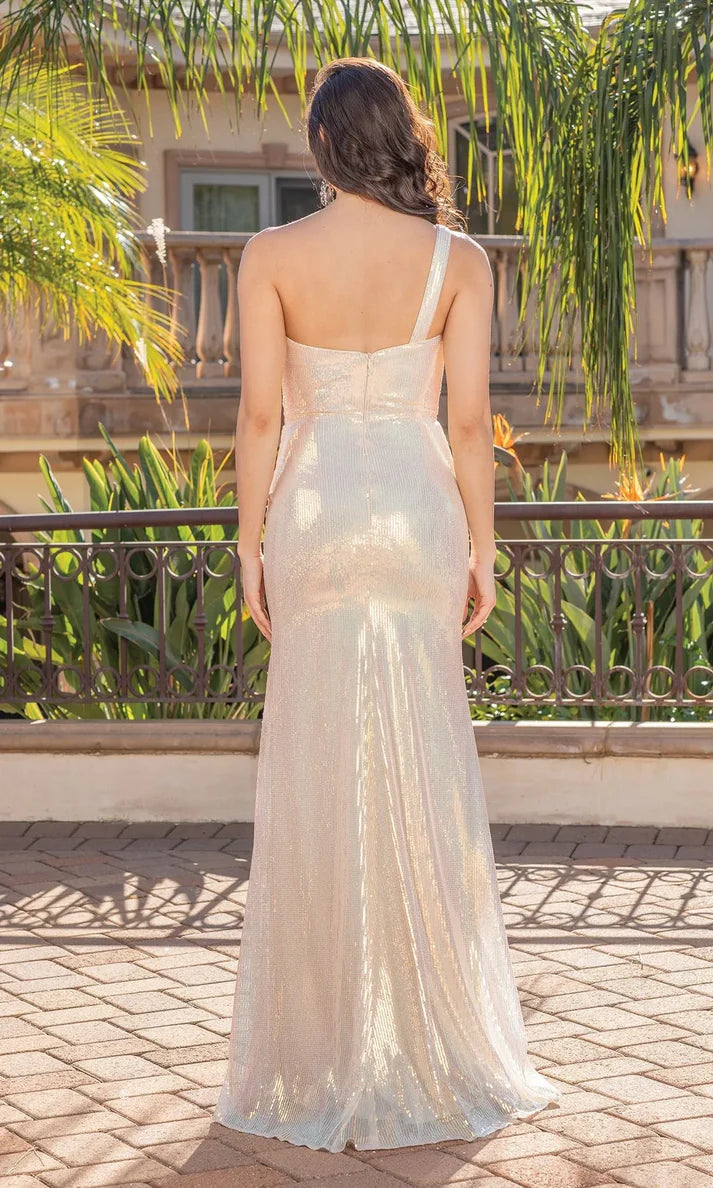 Back view of a woman in a glittering one-shoulder floor-length gown.