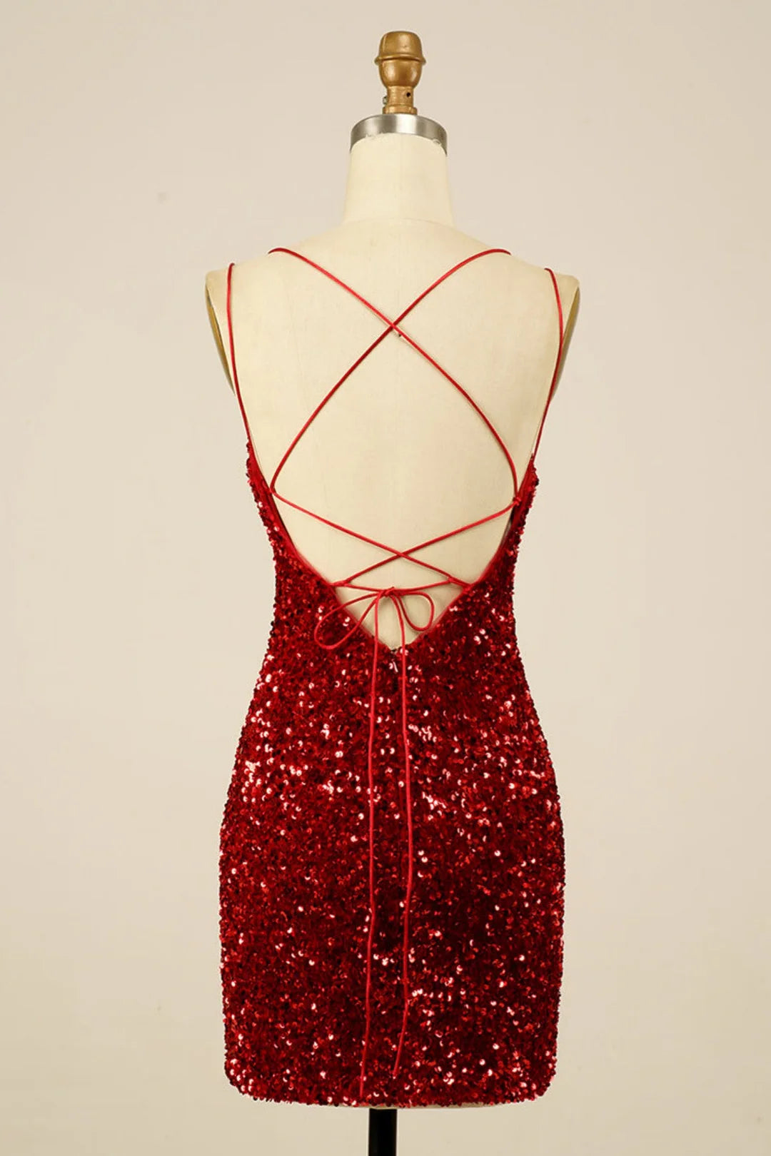 Back view of the sequin sheath dress, highlighting the lace-up detail and slit.