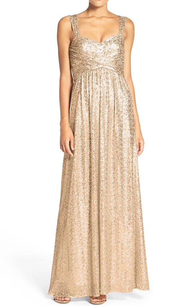 Elegant sequin sweetheart long gown with spaghetti straps.
