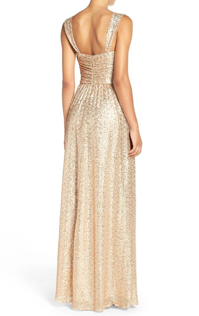 Back view of a sparkling sequin formal dress.