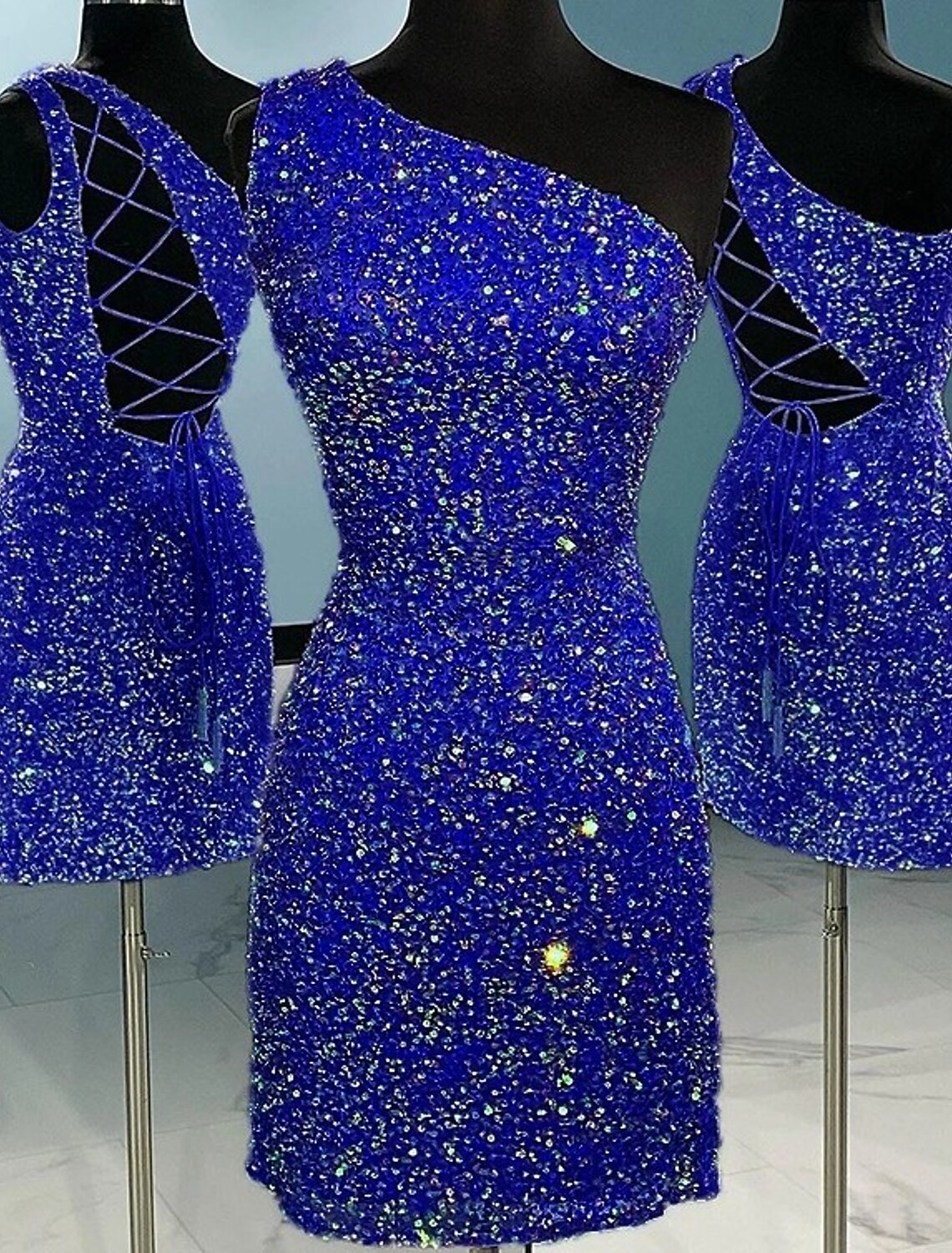 Sparkling sequined A-line one-shoulder short homecoming dress.
