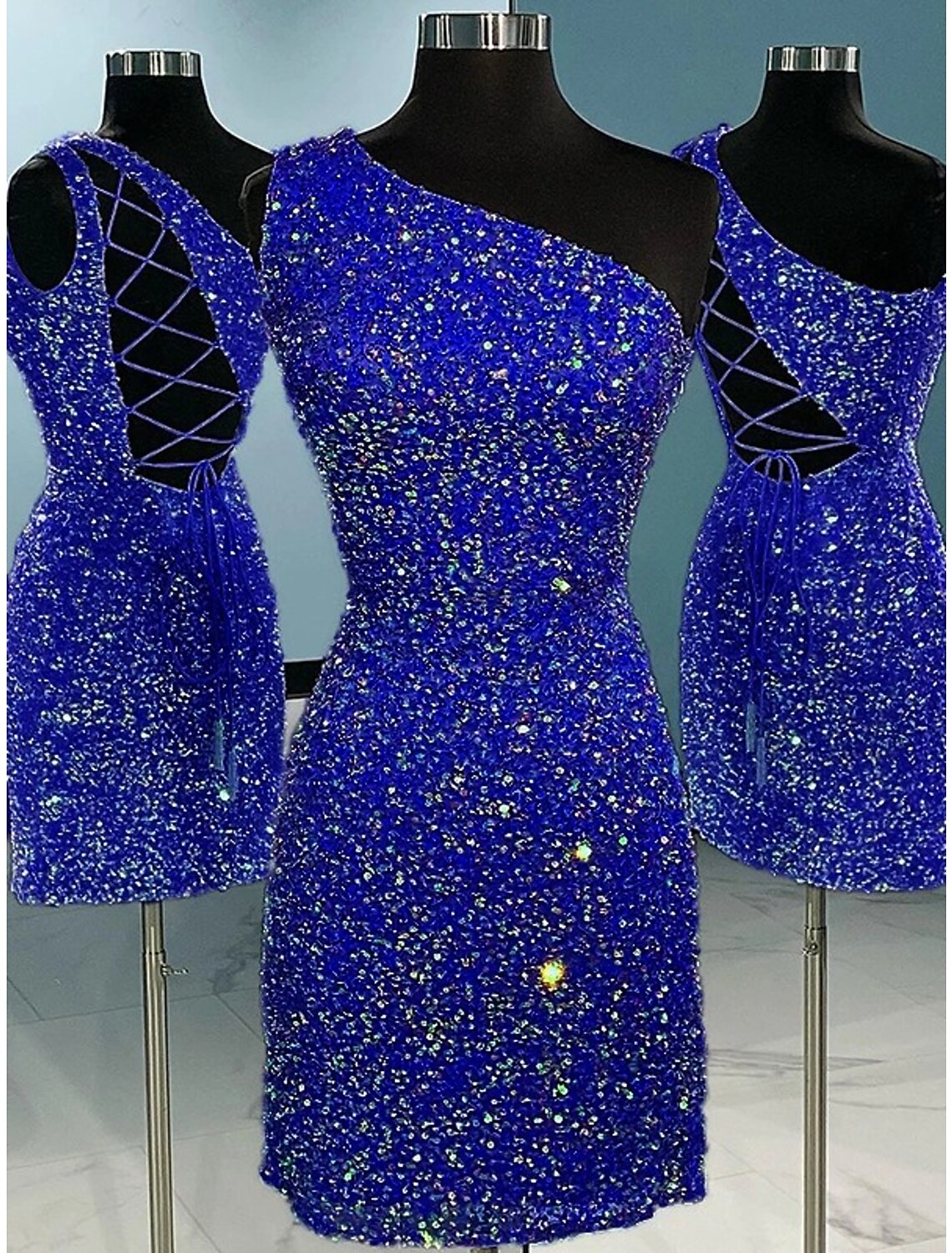 Sequined A-line short dress with one-shoulder design.