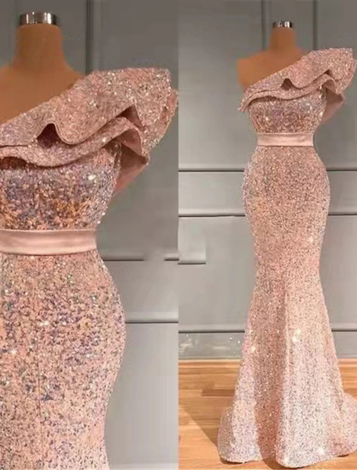 Sparkling sequined mermaid evening gown with one shoulder and ruffle details.