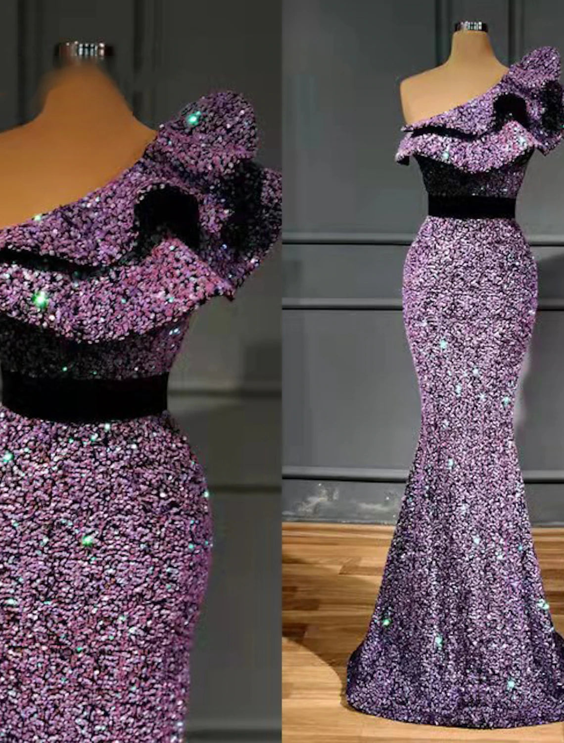 Close-up of sequin embellishments and ruffles on the one-shoulder dress.