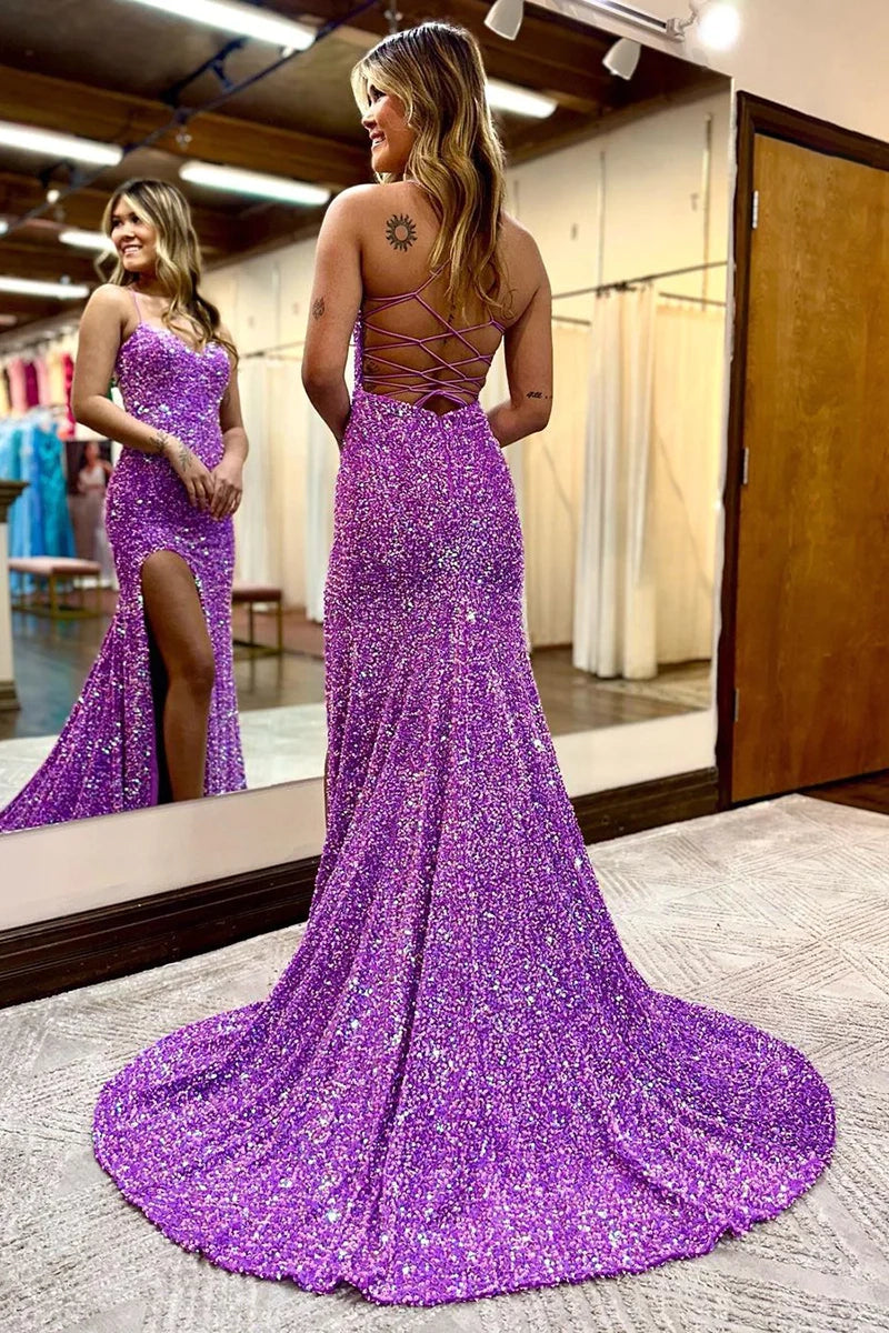 Back view of a sparkling mermaid gown with sequin details.