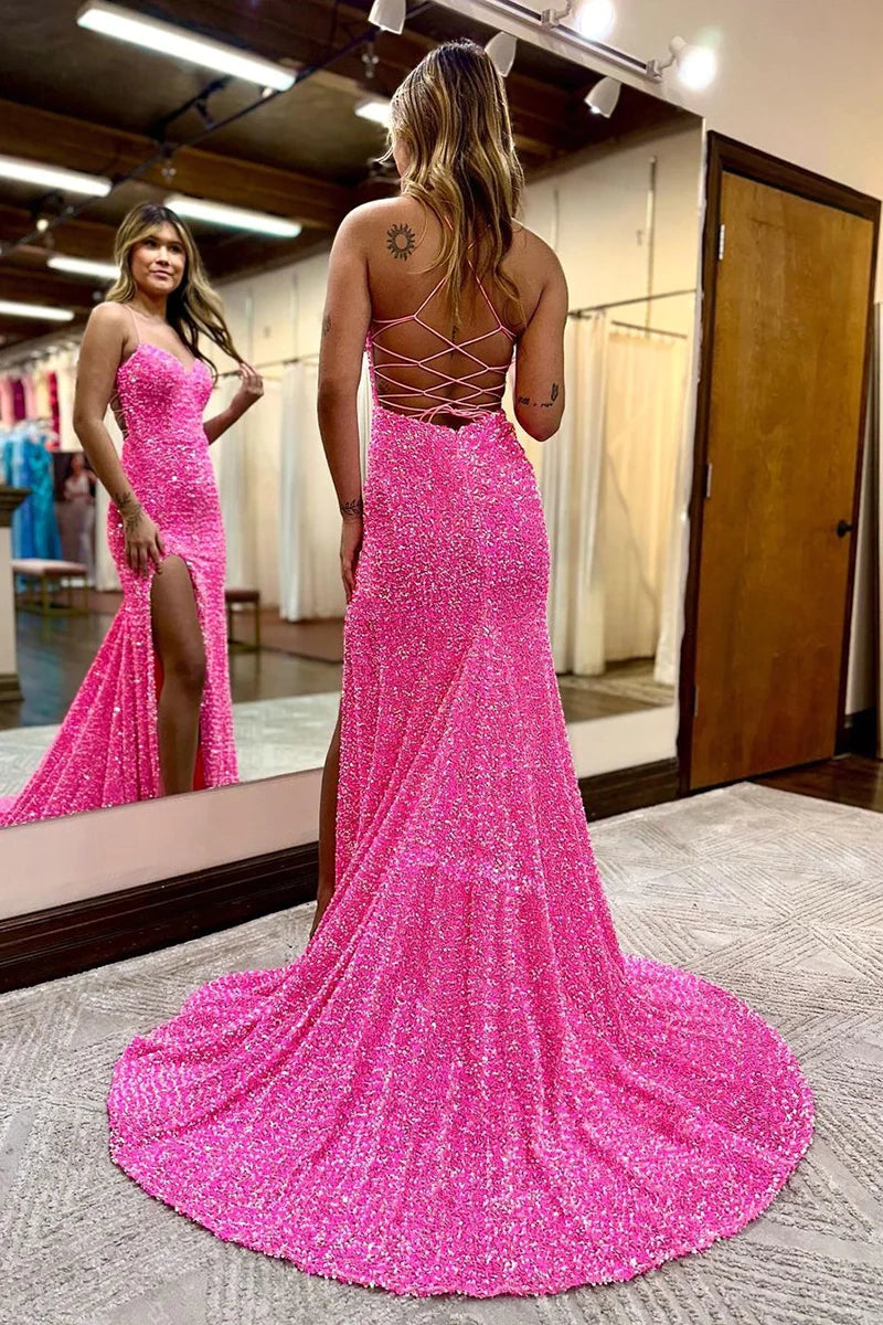 Front view of a floor-length sequined trumpet dress.
