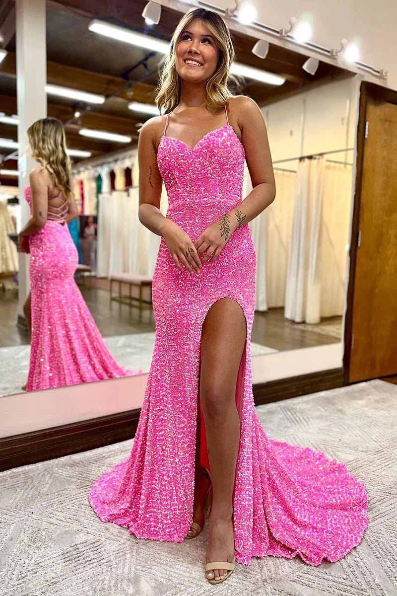 Side profile of a shimmering sequin dress for special occasions.