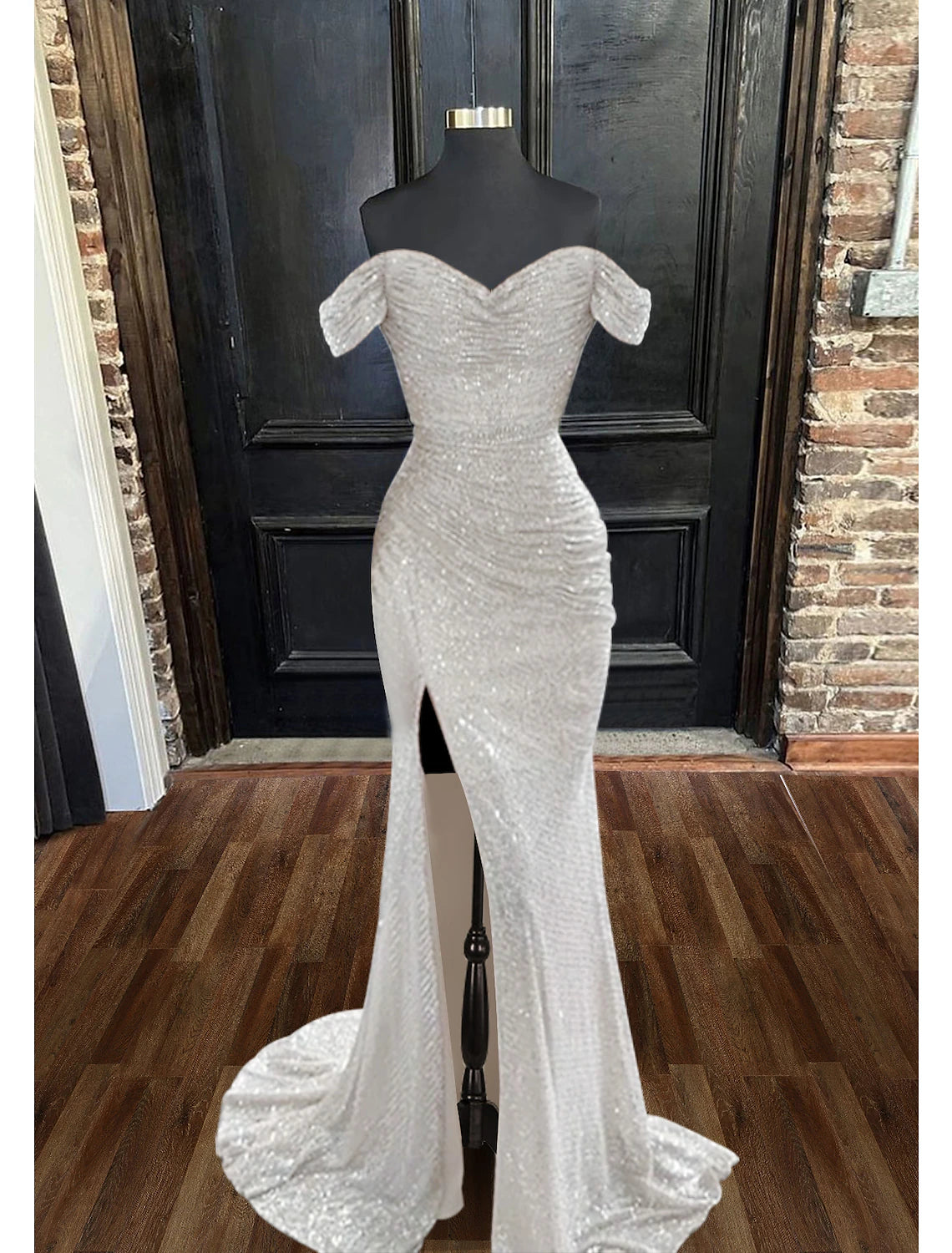 Sparkling sequined mermaid trumpet evening gown with cowl neck.
