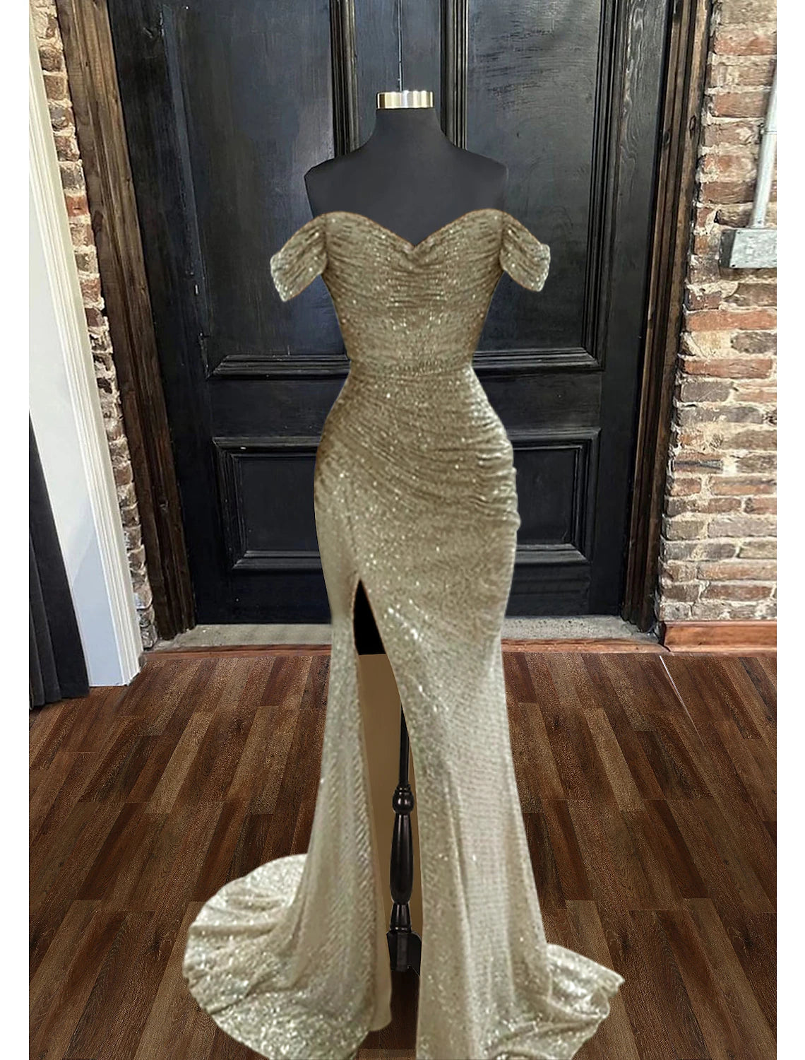 Shimmering sequined prom dress in a mermaid trumpet silhouette.