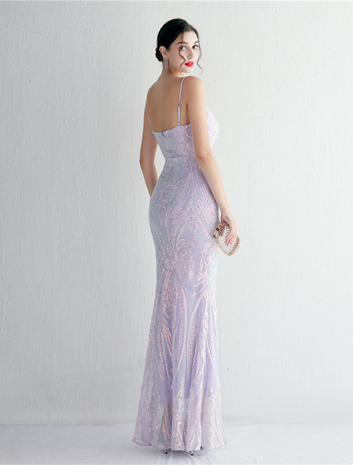 Close-up of sequin detail on the mermaid trumpet dress.