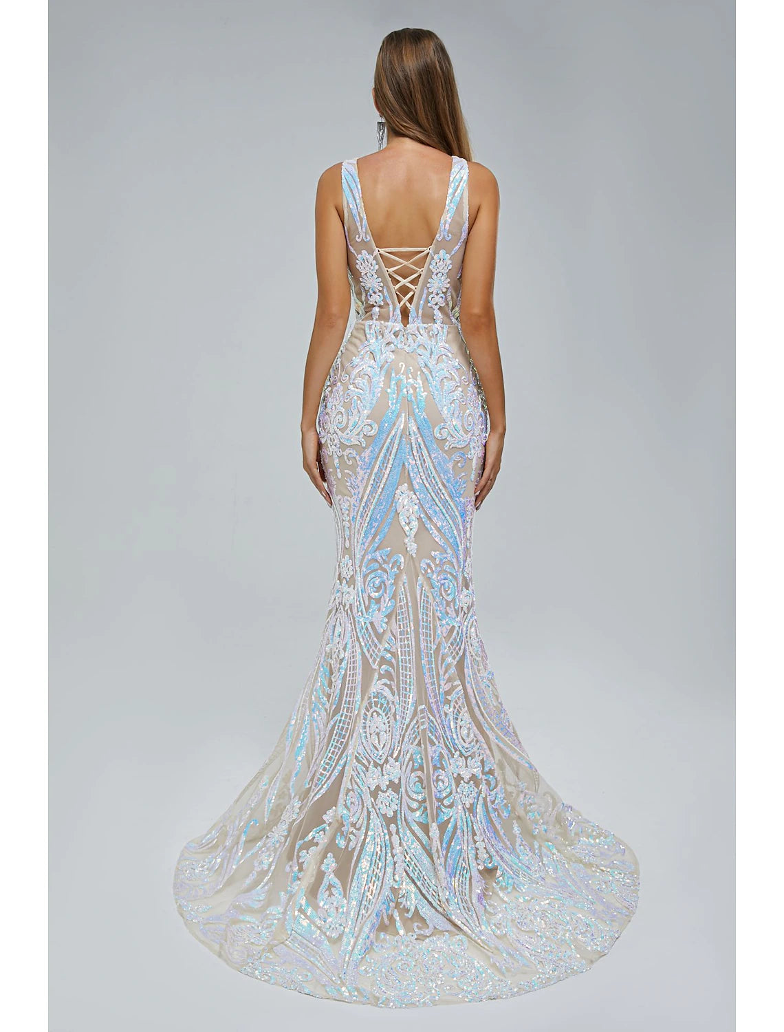 Side view of the sequined mermaid trumpet gown, highlighting the court train.