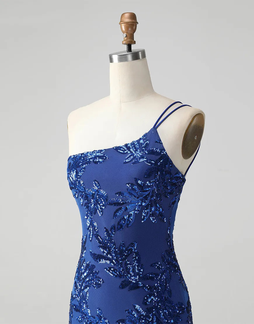 Back view of the elegant one-shoulder sequined gown.