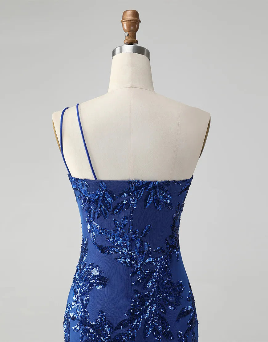 Side profile of the glittery one-shoulder formal dress.
