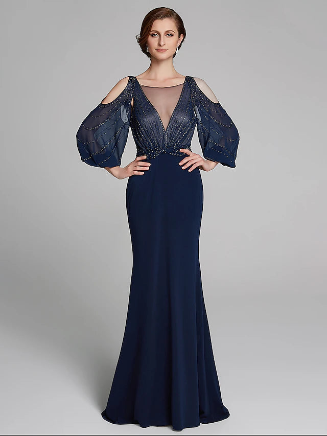 Elegant Mother of the Bride gown with boat neck and long sleeves.