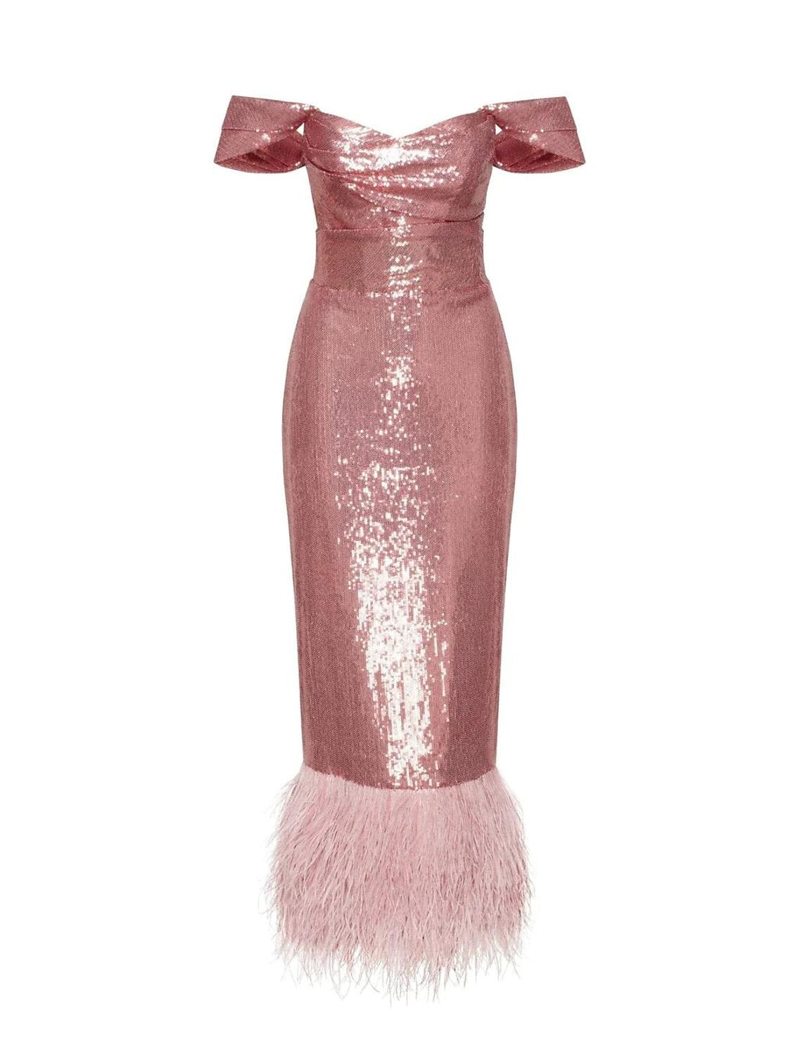 Model wearing a sparkling off-shoulder tea length sheath homecoming dress with sequin and feather details.
