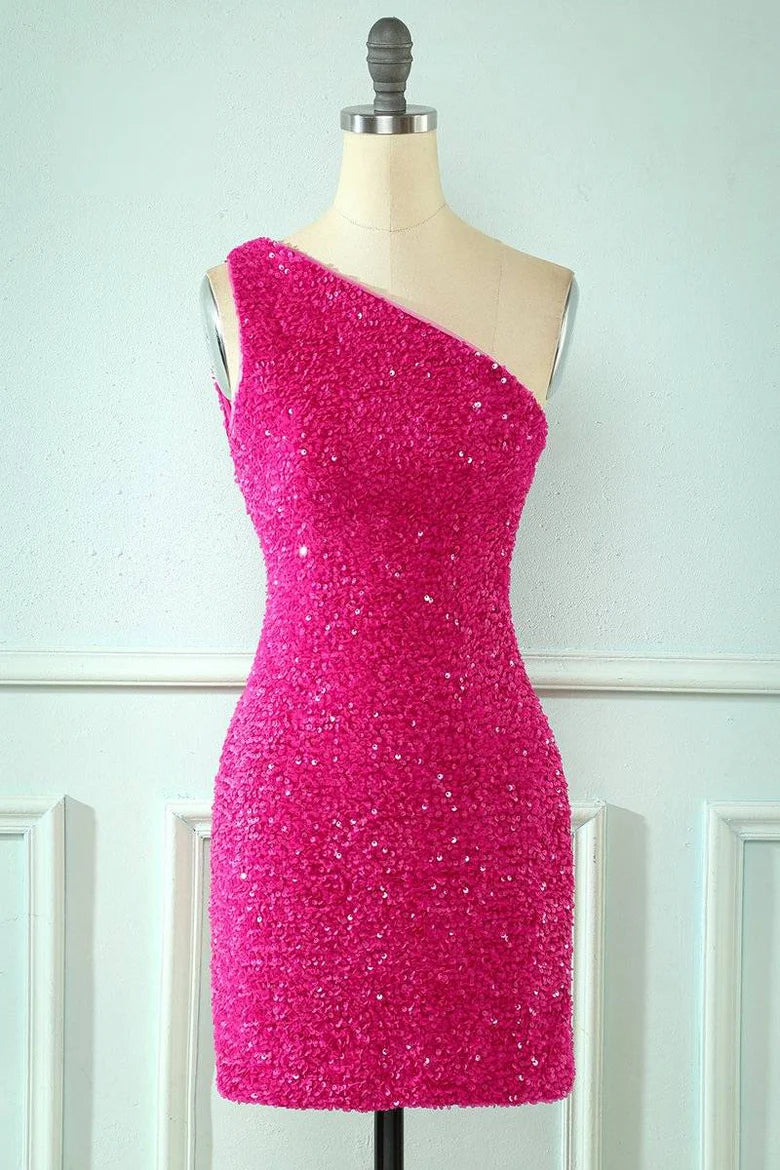 Woman wearing a sparkling one-shoulder sheath homecoming dress with a strappy back.