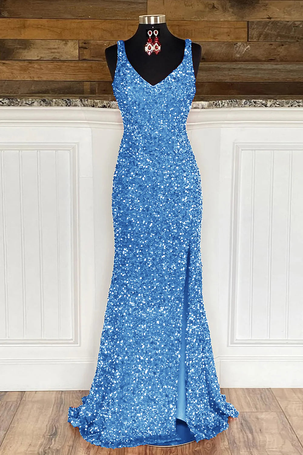Back view of the ankle-length sheath sequin prom dress.
