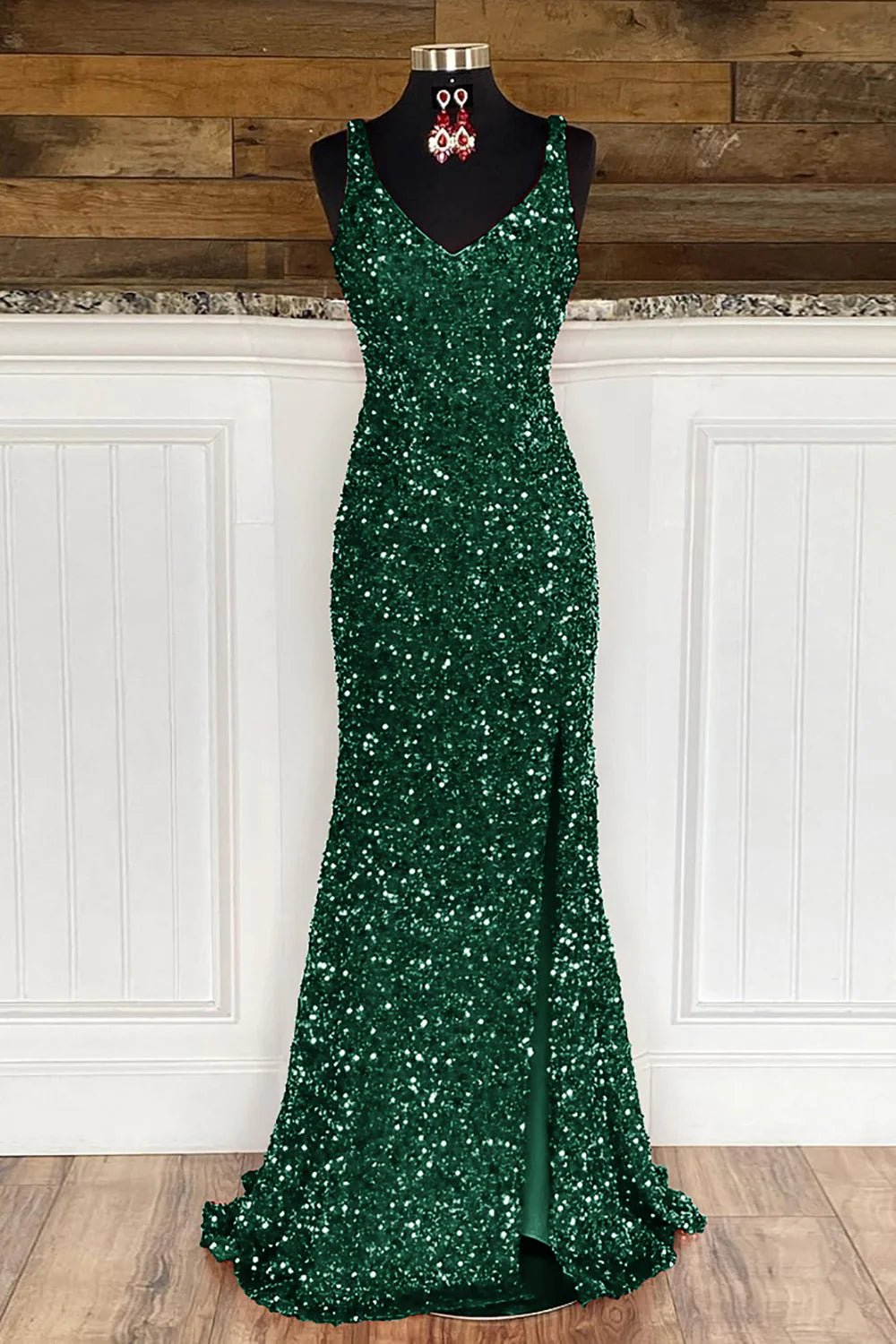 Full length view of the sequined formal sheath dress.