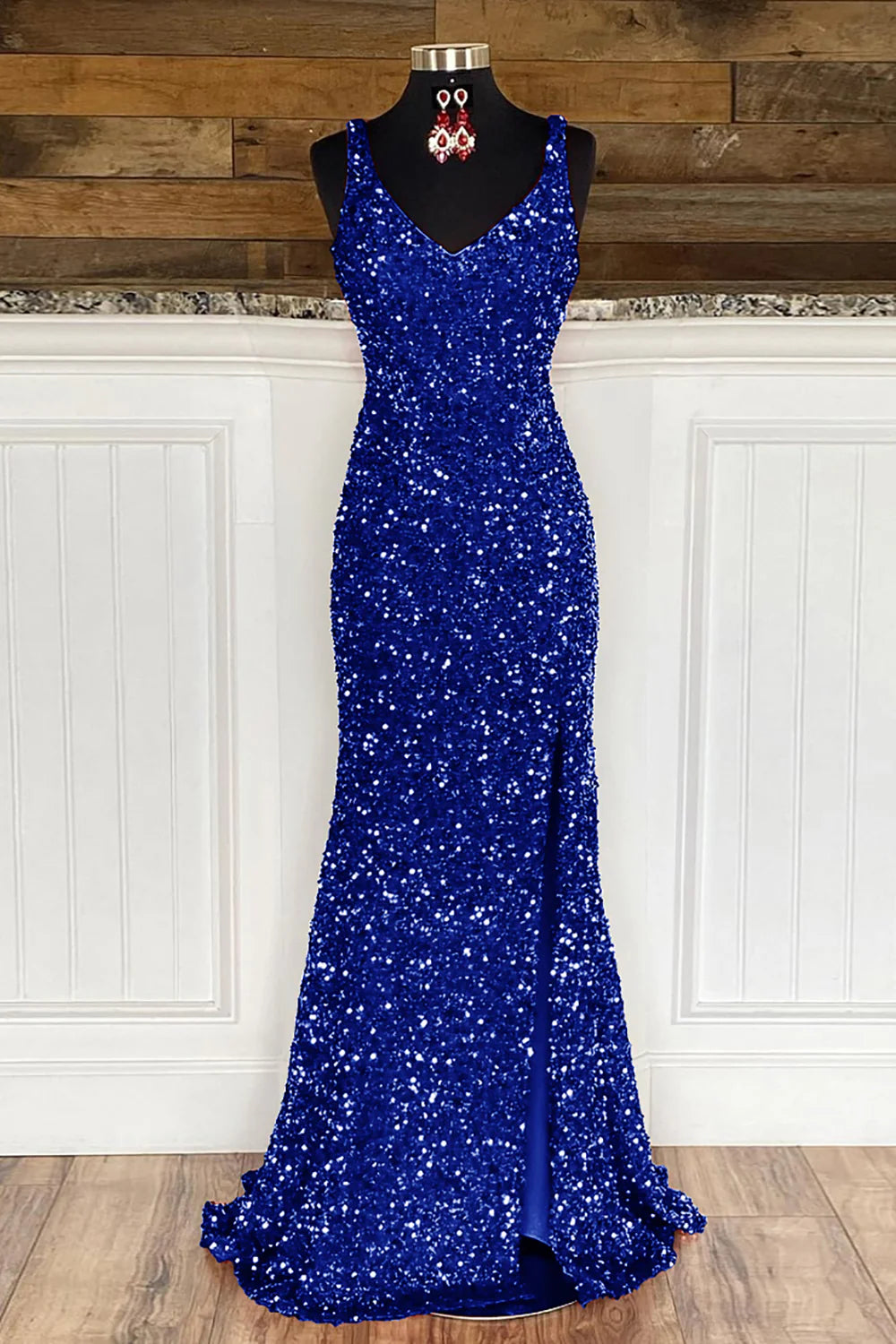 Model showcasing the flow of the ankle-length sequin prom dress.