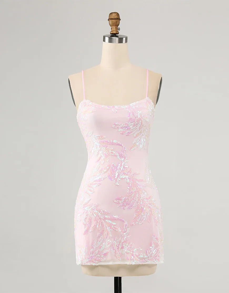 Front view of a pink sequined and embroidered satin sheath homecoming dress.