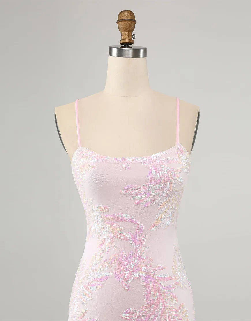 Back view of the pink sequined and embroidered satin knee-length dress.