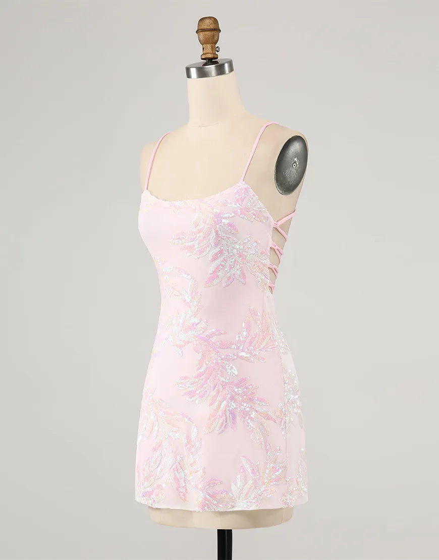 Side view of the elegant pink sequined sheath dress, showcasing its fit.