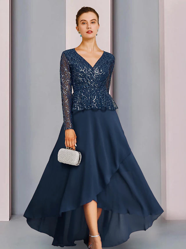 Elegant sparkling sheath V-neck long sleeve mother of the bride gown with lace and pleats.